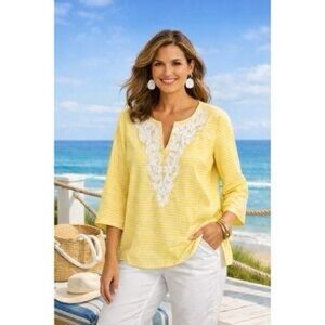 Talbots 100% Linen Embroidered & Beaded Striped Tunic Top Small